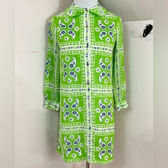 Vintage 60’s Bob Atkinson Lime Green Bandana print Mini Dress S - Picture 1 of 13
